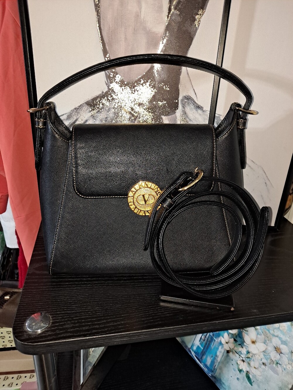 Valentino Black Saffiano Leather Two Way Bag with Gold Medallion.